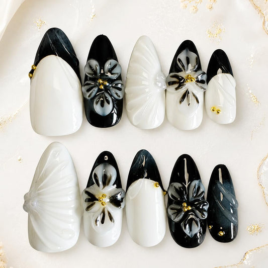 2IM Studio Handmade Press On Nails, Elegant Nude 3D Floral French Tip with Pearl Rhinestones, Almond Medium Length Full Cover Thick Reusable Acrylic Nail Kit for Women 10PCS (Classic Chic-S)