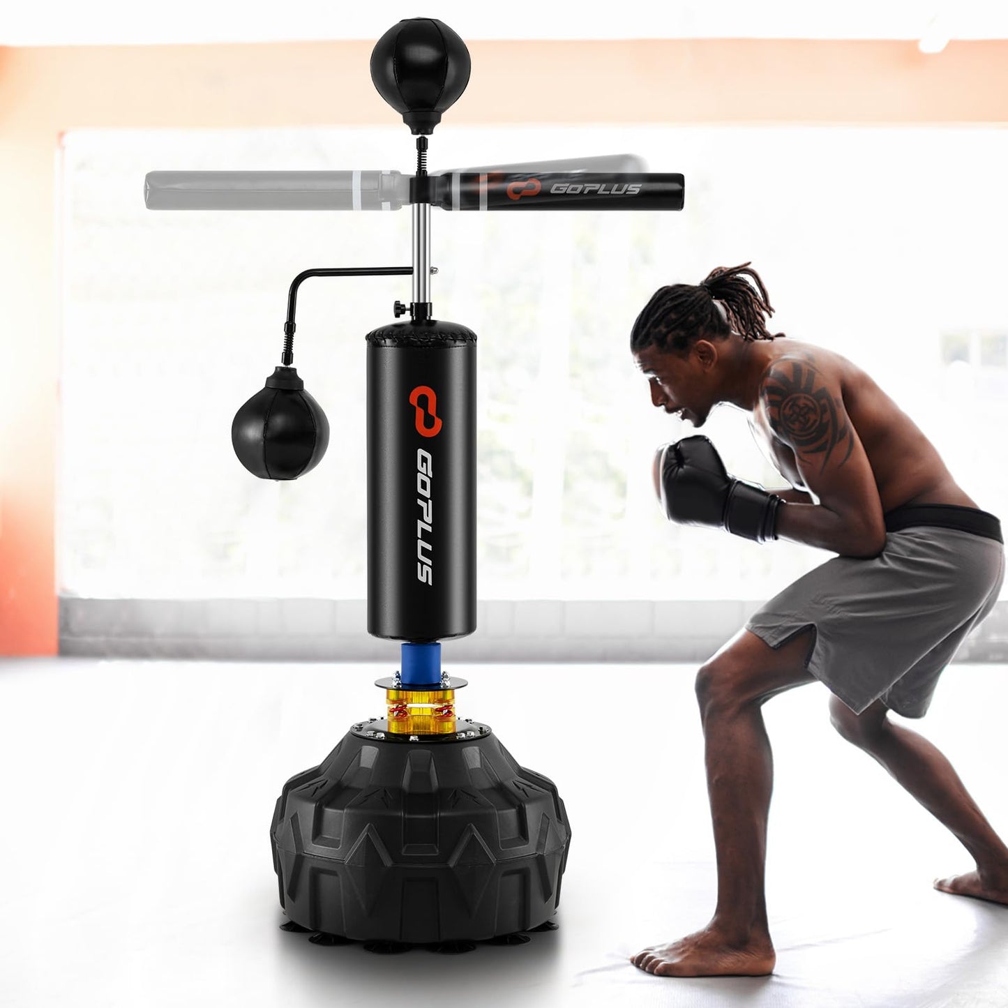 Goplus Boxing Speed Trainer, Freestanding Punching Bag 360° Spinning Bar with 2 Reflex Speed Balls, Shock Absorbers, Fillable Base, Height Adjustable Boxing Training Equipment for Teens Adults