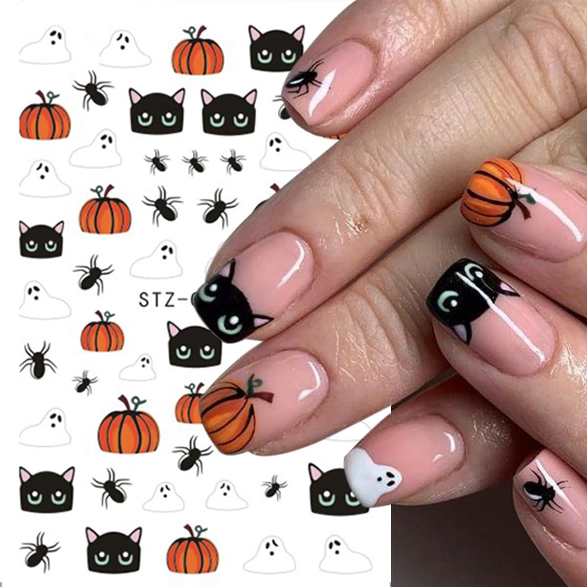 8 Sheets Halloween Nail Stickers 3D Self-Adhesive Horror Mushroom Nail Art Stickers Cat Flower Spider Pumpkin Nail Design Cute Ghost with French Tip Gothic Nail Decals for Women Manicure Salon