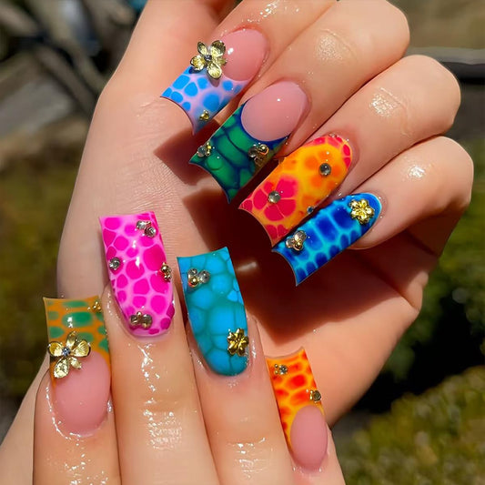 plalely Press on Nails French Tip, Handmade Acrylic Press on French Tip Nails with Flower Designs，Long Square Nail Press Ons for Women 24pcs