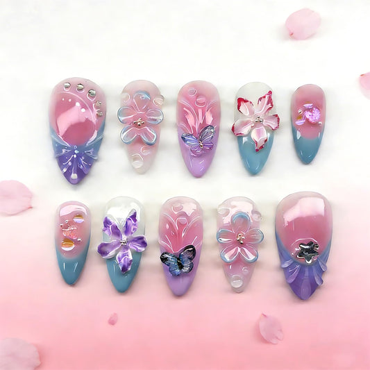 3D Flower Press on Nails Medium Almond Fake Nails with Butterfly Designs Blue French Tip False Nail Spring Summer Floral Stick on Nail for Women 30 Pcs