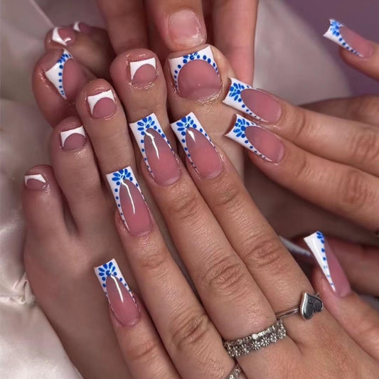 CTTHNBD Medium Press on Nails Square & Press on Toenails Set, White French Tip with Blue Spot Design - for Women 48 Pcs