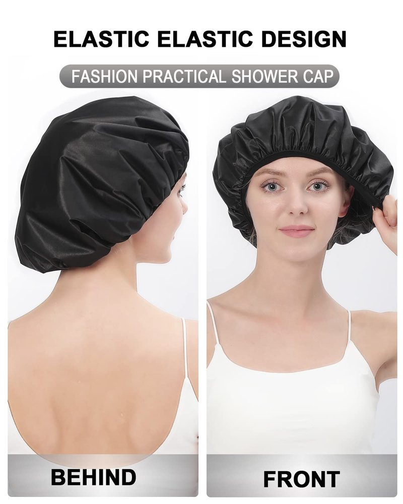 YIZIJIZI Terry Lined Shower Cap, Triple Layer Large Cap for Women, Reusable Waterproof for Long Thick Hair, Black