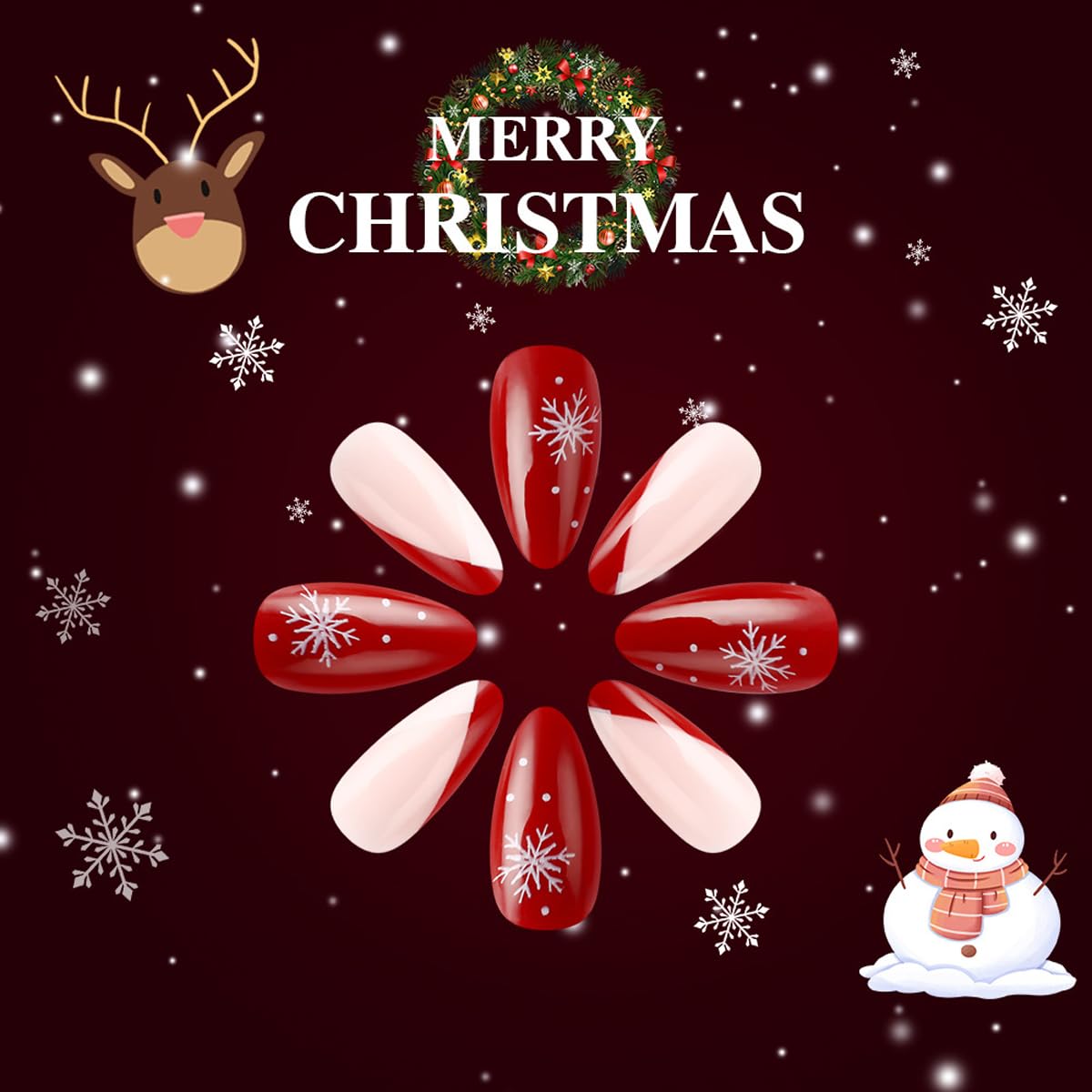 Christmas Press On Nails Medium Almond Fake Nails Snowflake With Plaid Design French Tip False Nails Full Cover Xmas Acrylic Glue On Nail Winter Stick On Nail For Women Manicure Art 24pcs