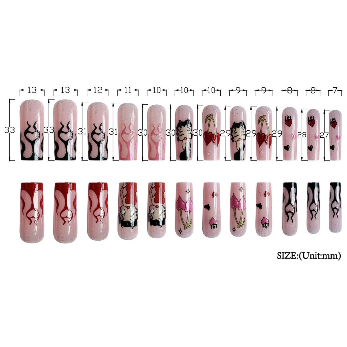 Halloween Press-On Nails Long with Cherry Flame Heart Designs - Nude Acrylic False Nails - 24pcs