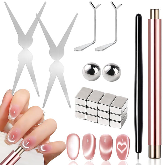 Cat Eye Magnet for Nails, Double-Head Cat Eye Nail Magnet Set with Round Magnet Beads, French & Heart-Shaped Nail Magnetic Guides Bead-Attracting Nail Magnets Pen for Nail Art Design