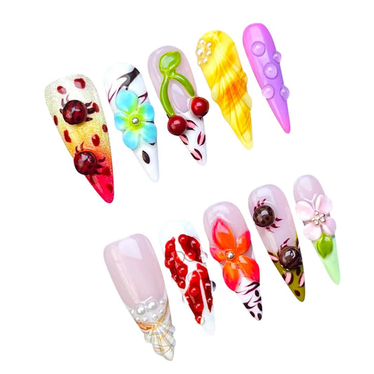 Handmade 3D Sweet Retro 3D Floral Stiletto Press On Nails, Playful Colorful Rhinestone Artisan Nails Set, Reusable Glossy Press-ons with Tool Kit(M)