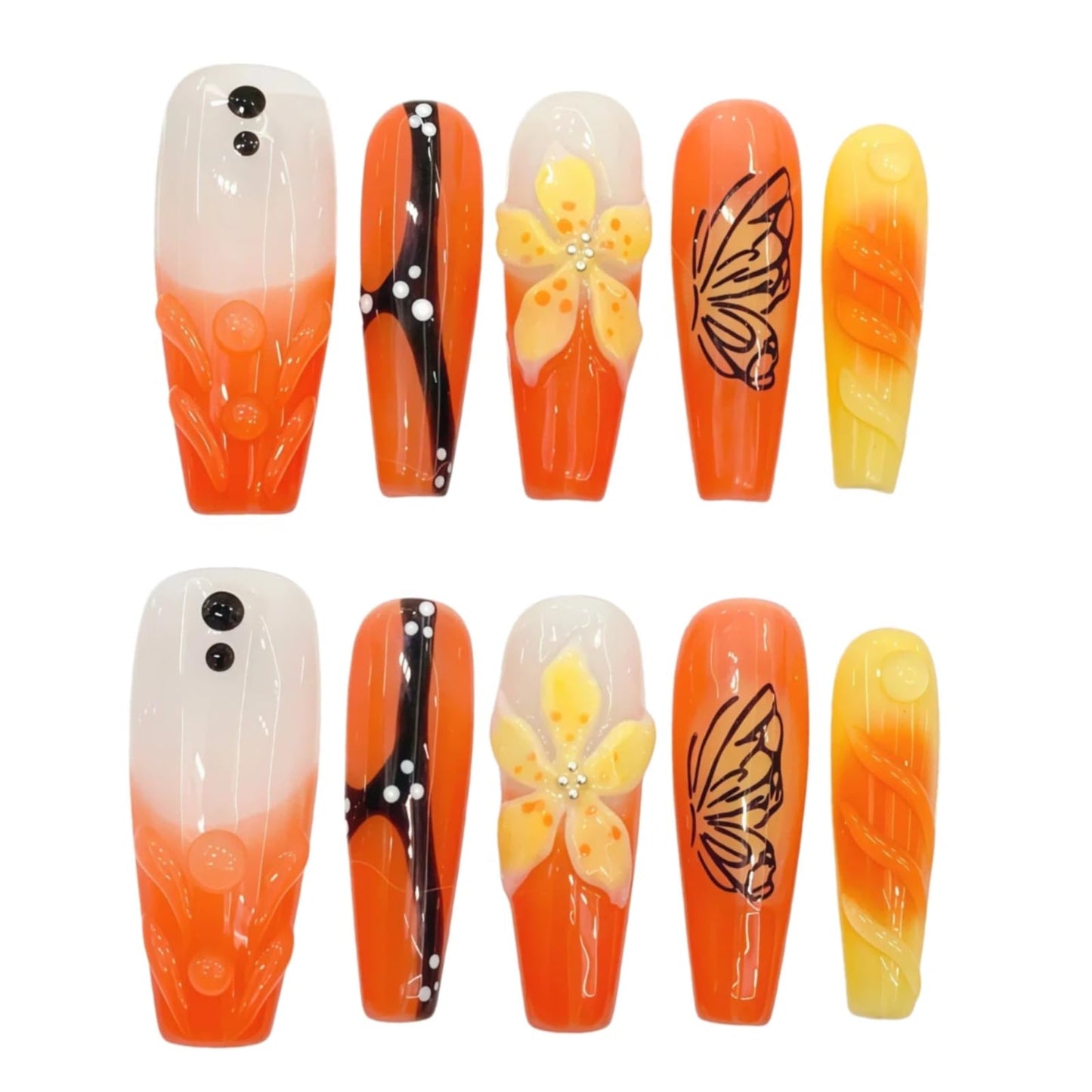 Tesytto Long Coffin Press On Nails - 3D Flowers Orange Design Hand-Painted Butterflies French Tip Acrylic Nail for Women (Mango Sago,M)