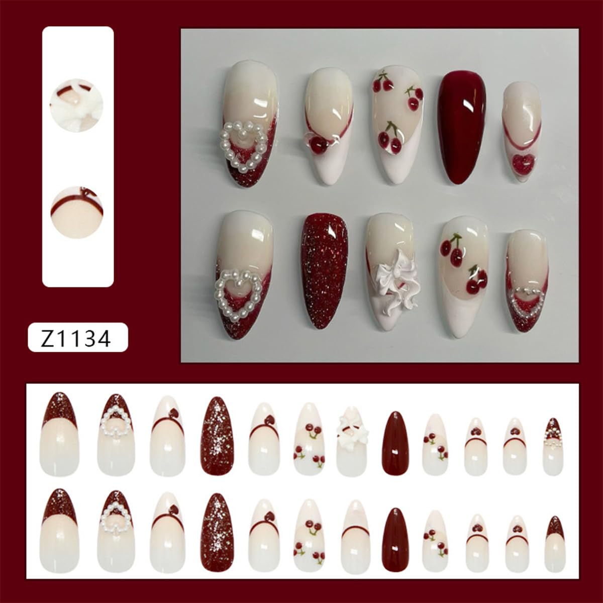 24Pcs Valentines Press on Nails Medium Almond Fake Nails with White Bow Cherry Heart Designs Artificial Acrylic Glue on Nails Red French Tip False Nails 3D Pearl Full Cover Stick on Nail for Women