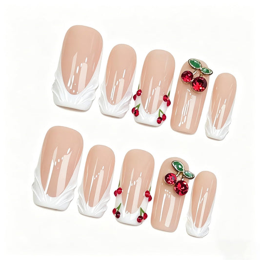 Exylixor Handmade Press on Nails Long Square - Sweet Cherry & White French Tip Fake Nails, Luxury 3D Fruit Jewelry False Nails, 10 Pcs for Women (Size M)