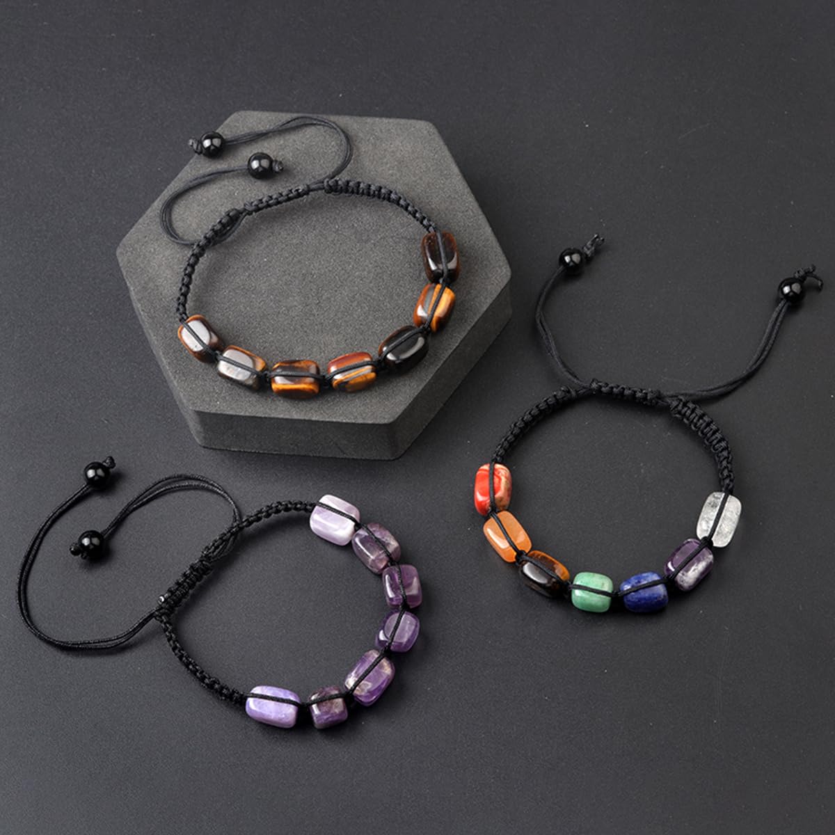 LE SKY Natural Crystal Bracelets Adjustable Hand Woven Rope Healing Chakra Gemstone Beads Bracelet for Yoga Energy Jewelry 5 Strands