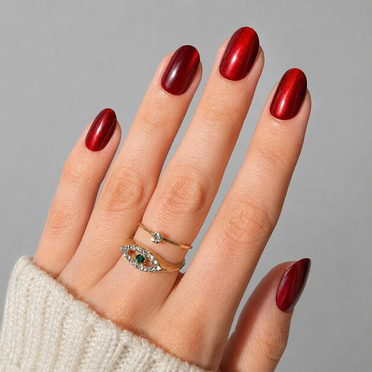 PaintLab Press On Nails - Red Ruby Cat Eye Oval Fake Nails, 30 Nails in 15 Sizes with Glue, Reusable Salon Quality Press On Nails