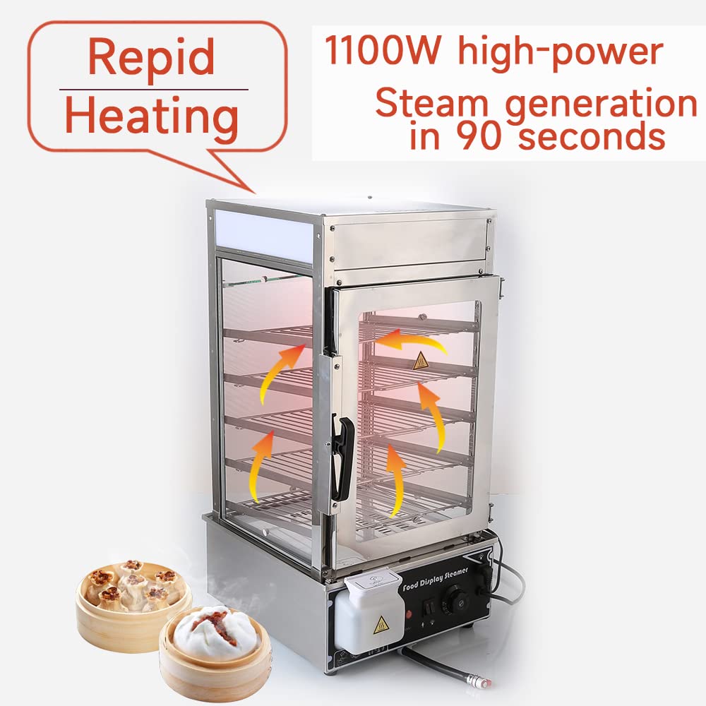 Chef Prosentials 5-Tier Electric Bun Steamer, Commercial Stainless Steel Food Warmer Display with Automatic Temperature Control, for Buns, Baozi, Siomai, Corn, Buffet, Kiosk, Restaurant