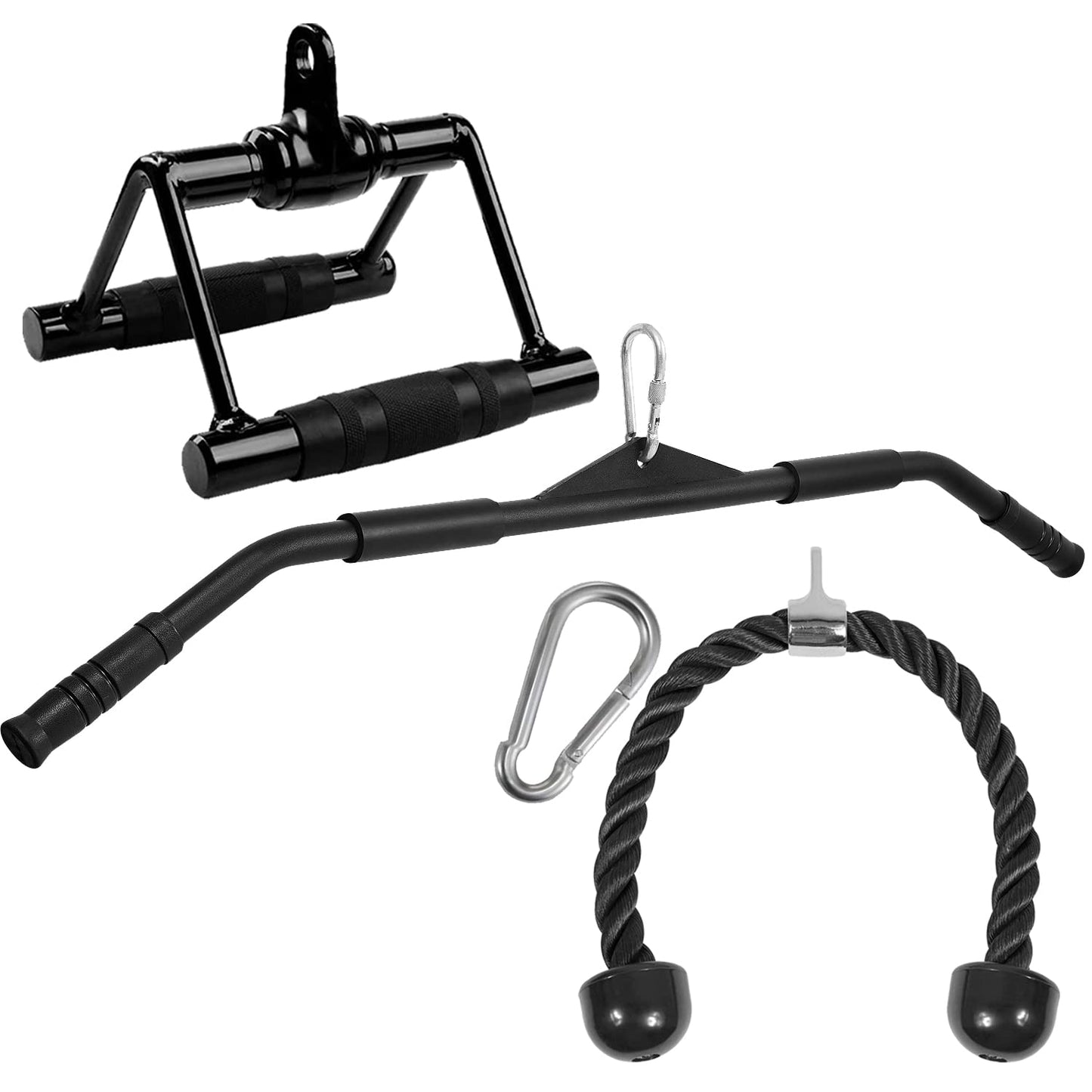 Yes4All Tricep Rope Cable Attachment 27" and Wide Grip LAT Pull Down Bar Attachments/Black Curl LAT Pulldown Press Down Bar 39"" Cable Attachment Rubber Handgrips and Black Double D Row Handle"
