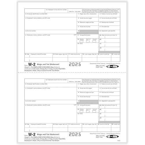 W2 Forms 2025 Income Set with envelopes, 6 Part 50 Employees Legal Laser Tax Forms kit and 6 W3s Transmittal Forms with 50 Self Seal Envelopes, Great for QuickBooks and Accounting Software
