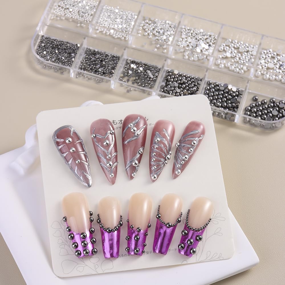 Mini Metal Nail Beads 3D Nail Art Charms, Mixed Sizes Silver Gun Grey Half Round Flatback Stainless Steel Caviar Beads Nail Studs Jewelry with Pickup Tweezers for DIY Nail Art and Crafting Decorations