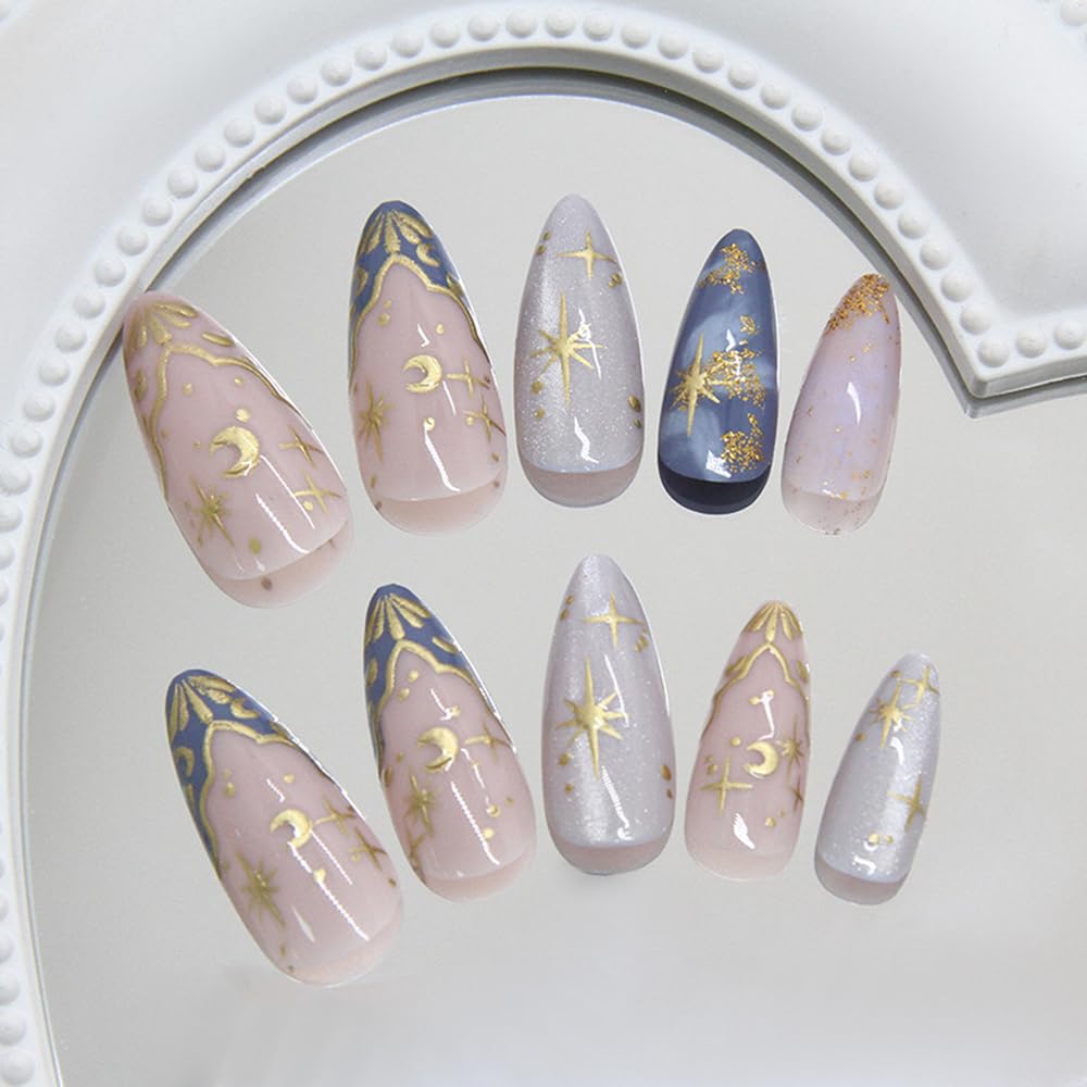 24 Pcs Press on Nails Short Almond,MINGCHUN Fake Nails Press ons Acrylic Nail Art Tips Kit Full Cover False Nails Glue on Nails with Summer Starry Sky Gold Foil Glitter Design for Women Nail Supplies