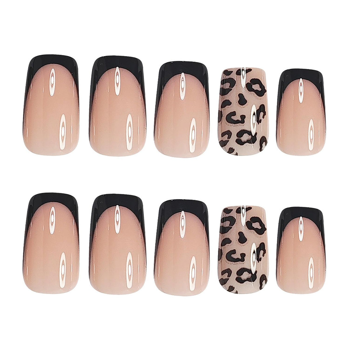 Black French Press On Nails Short Square Fake Nails With Leopard Print Design Acrylic Nails Pink Glossy Nail Press Ons Reusable False Glue On Nails For Women