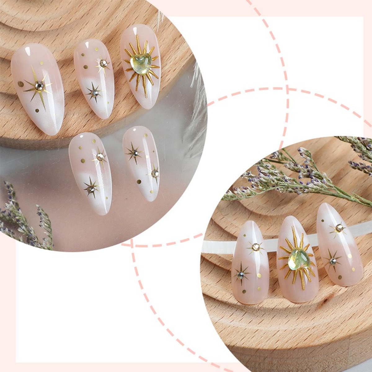 24pcs Almond Press On Nails Medium Fake Nails Star Rhinestone With Heart Design Ombre False Nails Full Cover Artificial Nails Glossy Cute Glue On Nail Reusable Stick On Nail For Women Manicure