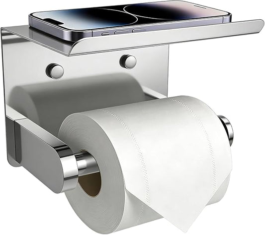 SetSail Toilet Paper Holder with Shelf Adhesive or Screw-in Bathroom Toilet Paper Roll Holders Wall Mount Heavy-Duty Tissue Holder for Bathrooms, Mirror Silver