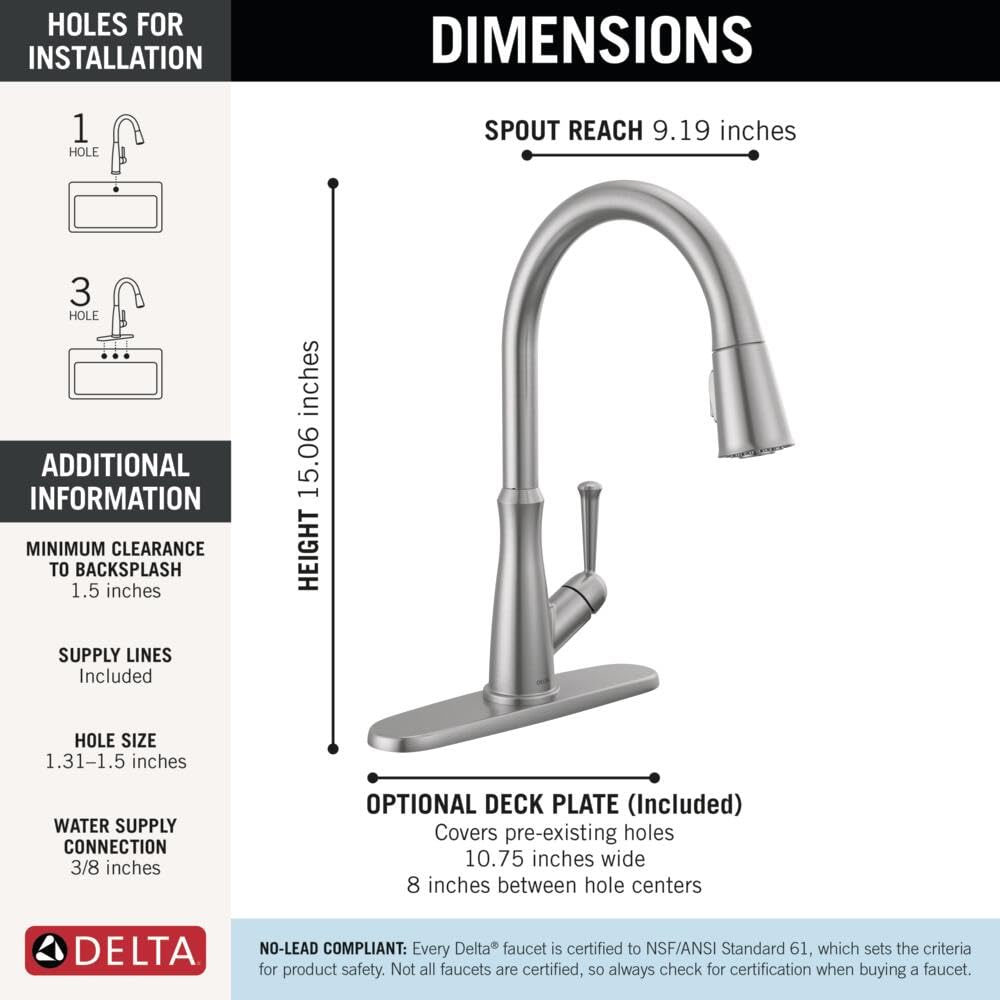 Delta Westville Brushed Nickel Kitchen Faucet with Pull Down Sprayer, Contemporary Single Hole Kitchen Sink Faucet, Single Handle, Arctic Stainless 9110-AR-DST