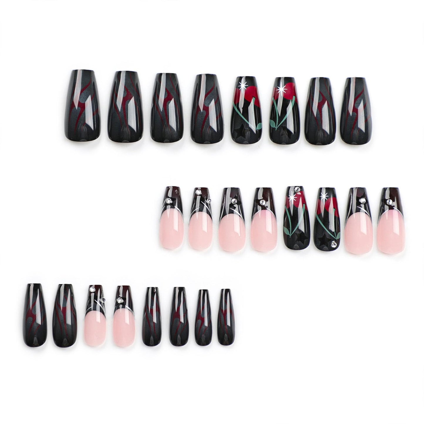 Black Press on Nails Medium French Tip Fake Nails with Glue Goth Rose Stars Designs Glue on Nails Medium Length Black Full Cover Acrylic False Nails Press ons for Women 24 Pcs