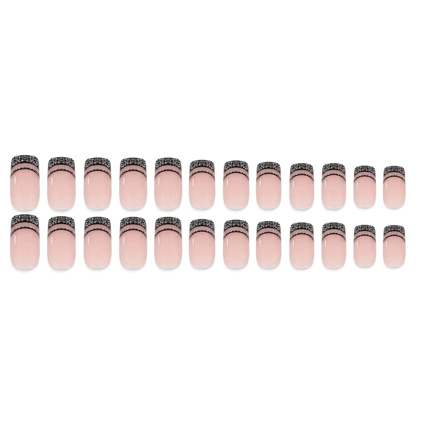 Black French Tip Press on Nails Medium Square Fake Nails with Design Black Line False Nail Glitter Glue on Nail Glossy Full Cover Artificial Acrylic Bling Stick on Nail for Women NBNTGH Manicure 24pcs