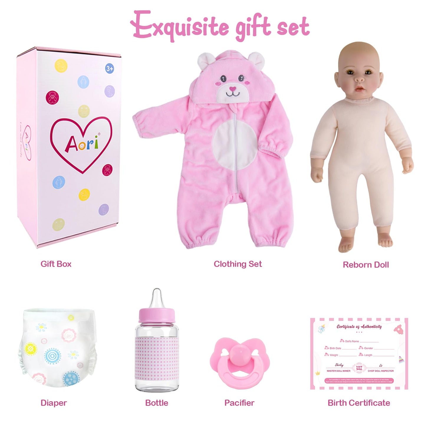 Aori Baby Dolls Realistic, 17-inch Lifelike Soft Body Baby Girl That Look Real with Feeding Kit Included, Ideal Gift for Kids, Birthday, Pretend Play