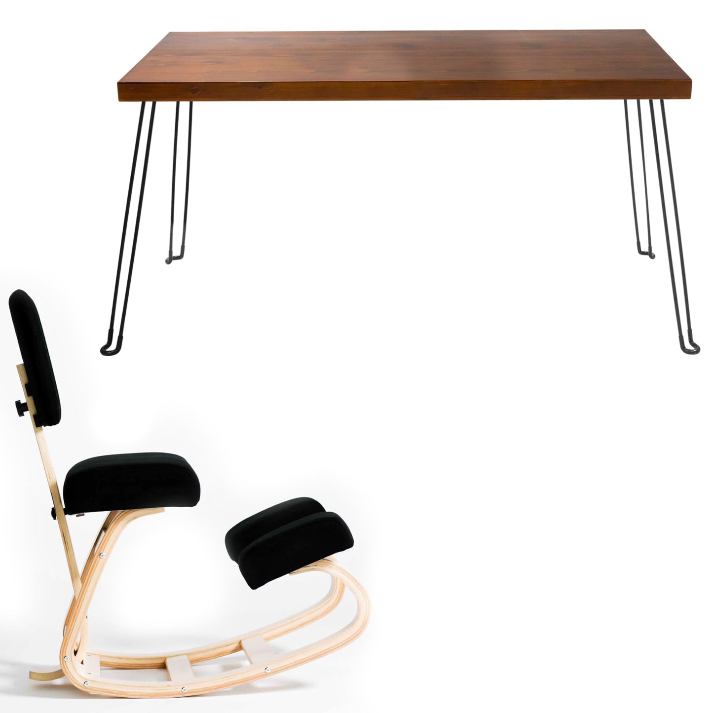 Sleekform Wooden Folding Desk, Small Folding Table Portable with Collapsible Hairpin Legs, Austin Kneeling Chair, Home Office Ergonomic Computer Desk Stool