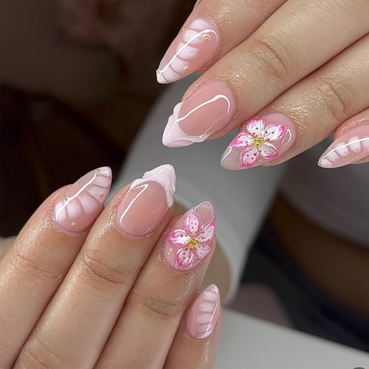 24Pcs French Tip Press on Nails Short Almond 3D Cherry Blossom Fake Nails Nude Pink False Nails with Gold Rhinestones Design Reusable Acrylic Glue on Nails for Women Wedding Party Daily DIY Manicure
