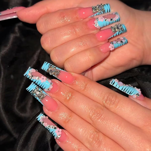 plalely Long Square Press on Nails,Handmade Acrylic Press on Nails with Designs，Long Press on Nail for Women 24pcs
