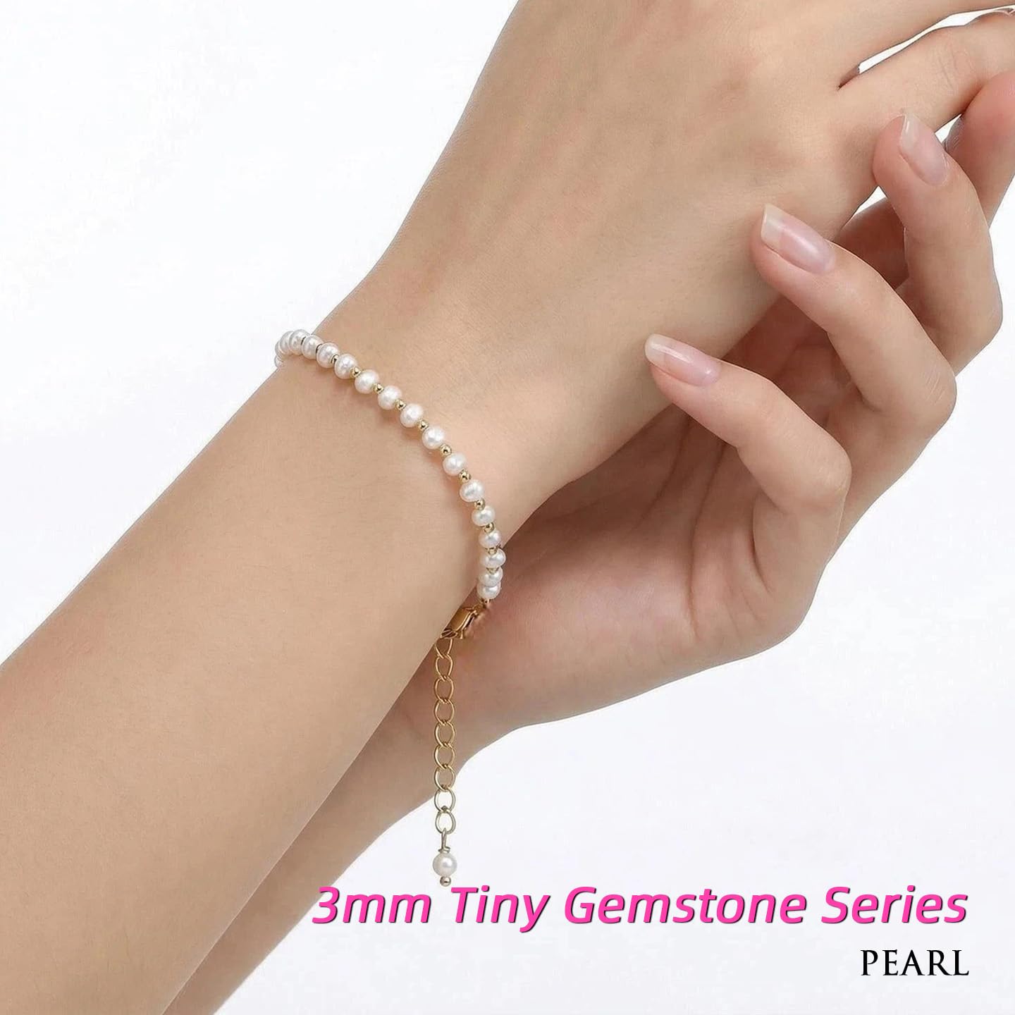 Morchic 3mm Fresh Water Pearl Natural Gemstone Beaded Bracelet for Women, Dainty Tiny Charm Jewelry, Adjustable 7.1-8.6", Ideal Birthday Holiday Gift