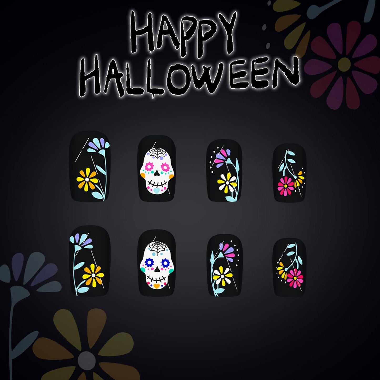 Skull Day of the Dead Press on Nails Black Fake Nails Short Square False Nails with Flower designs Acrylic Nails Full Cover Horror Stick on Nails Halloween Glue on Nails for Women Manicure24pcs