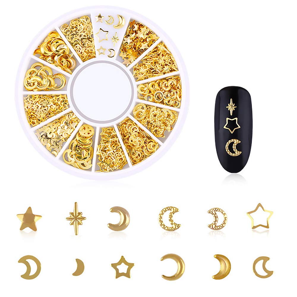 WOKOTO 6 Boxes Gold Nail Charms Studs Rose Star Moon Feather Shape Metal Nail 3D Charm Kit 3D Nail Art Jewelry Decoration with 1Pc Tweezers and Picker Pencil Tools