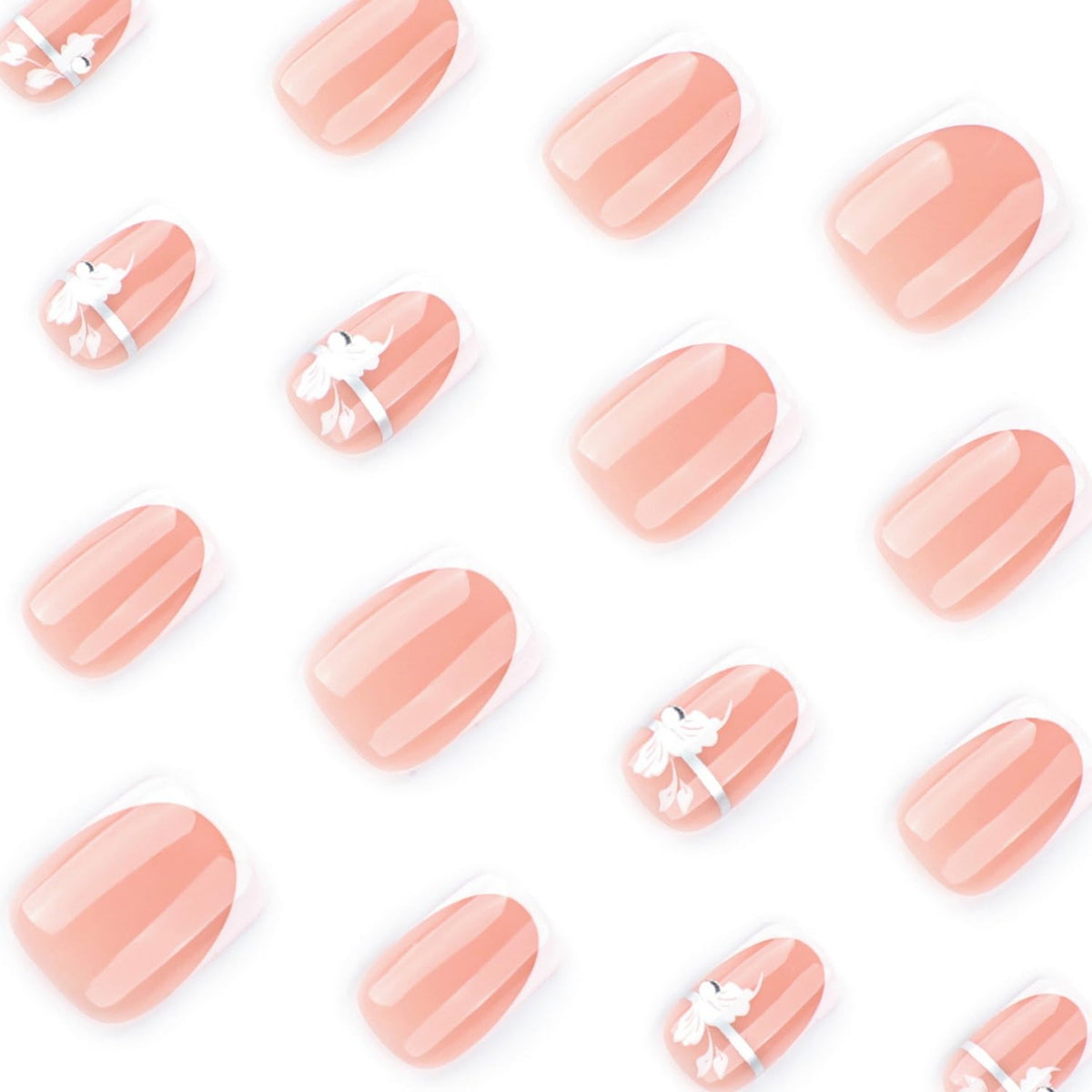 White French Tip Press on Nails Short Square MABKJLF Flower Fake Nails False Nails with Silver Lines Floral Designs Full Cover Glossy Glue on Nails Acrylic Nails for Women Girls 24Pcs