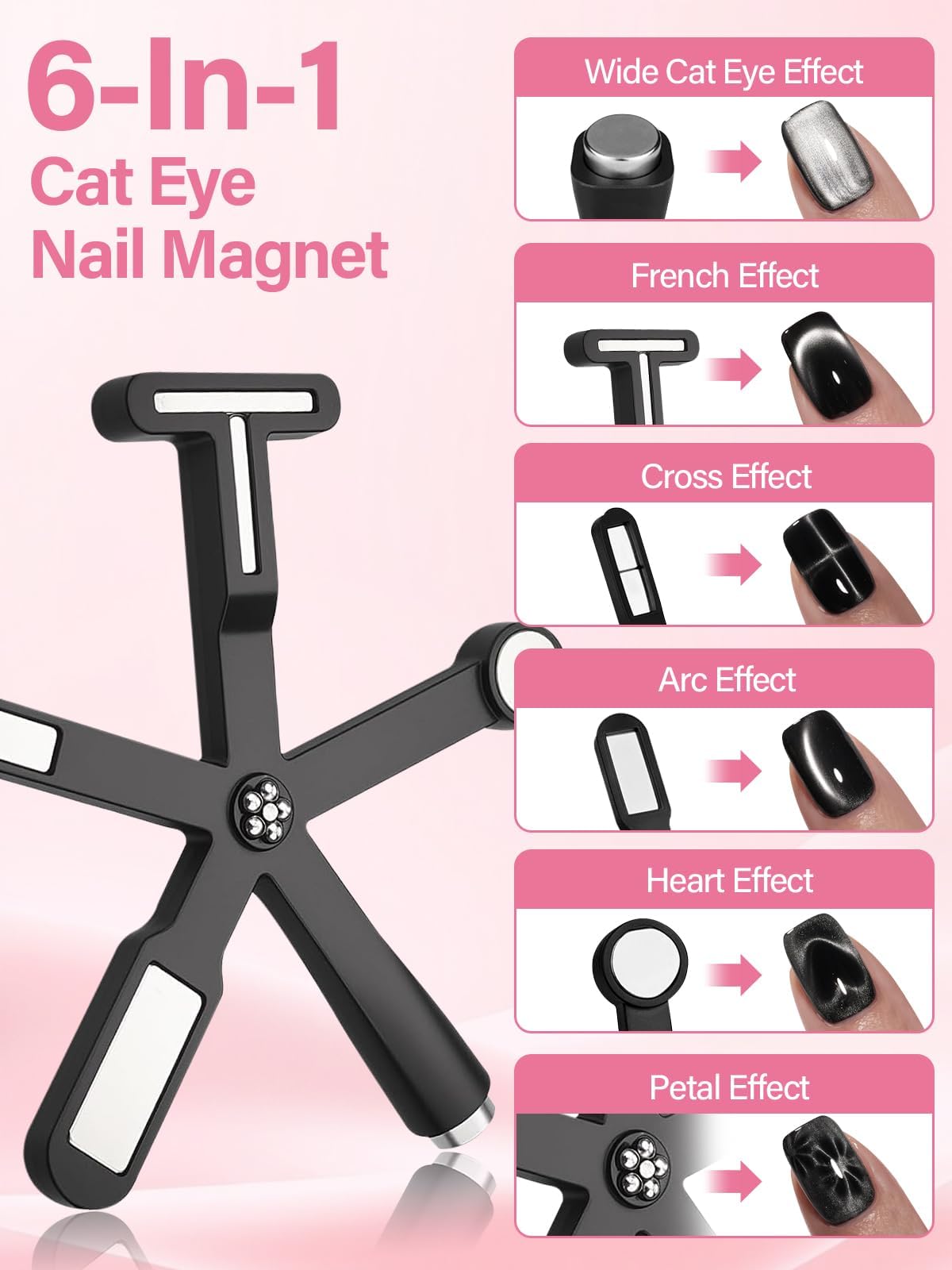 EBANKU Cat Eye Magnet Tool Set, 11PCS Cat Eye Gel Nail Polish Magnet Tools , 6 in 1 Cat Eye Nail Magnet Set with Steel Ball Magnetic Pen, Multifunctional French Heart Magnet for Nail Art DIY at Home