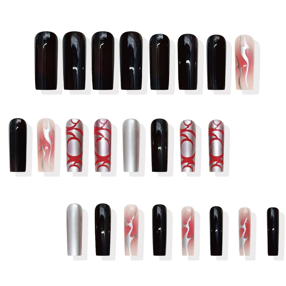 IMRAIN Press on Nails Long Square Fake Nails with Silver Metal Flame, Red Ombre Designs Handmade Full Cover False Nails for Women Manicure Decoration 24Pcs