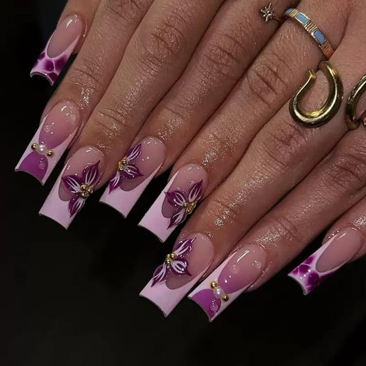CTTHNBD Square Press on Nails Medium - Purple French Tip Fake Nails with Flower Design - Ombre Stick on False Nails - for Women 24 Pcs