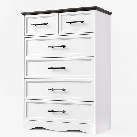 YANSNWO White Dresser for Bedroom, Farmhouse 6 Chest of Drawers, Modern 44" Tall Chest of Drawers with Brushed Metal Handle, Wood Closet Organizers and Storage Cabinet for Bedroom, Living Room