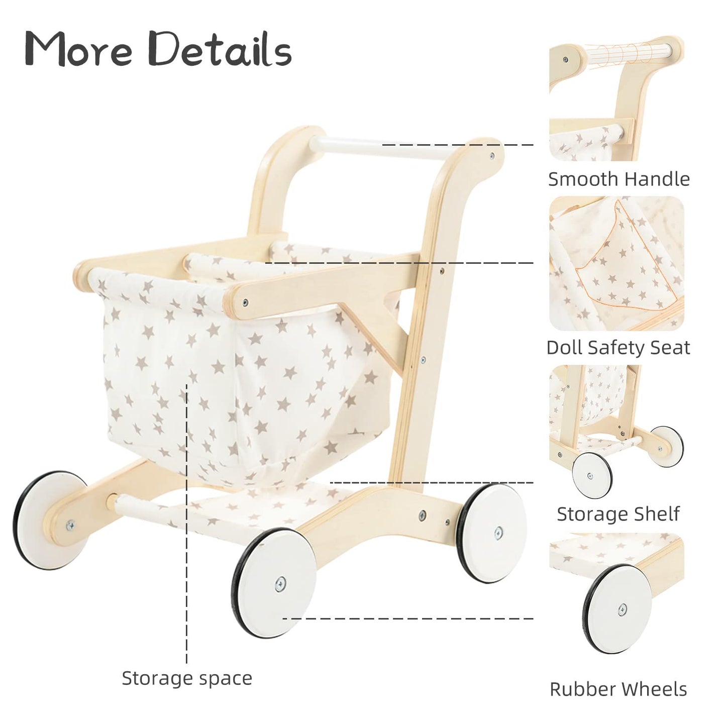 labebe Baby Push Walker Doll Stroller, Push Toy for Toddler, Shopping Cart for Girls and Boys 1 Years Old, Kids Stand Learning Walker, Wooden Play Wagon with Wheel, Larger Size 15.2 * 18.7 * 19.7