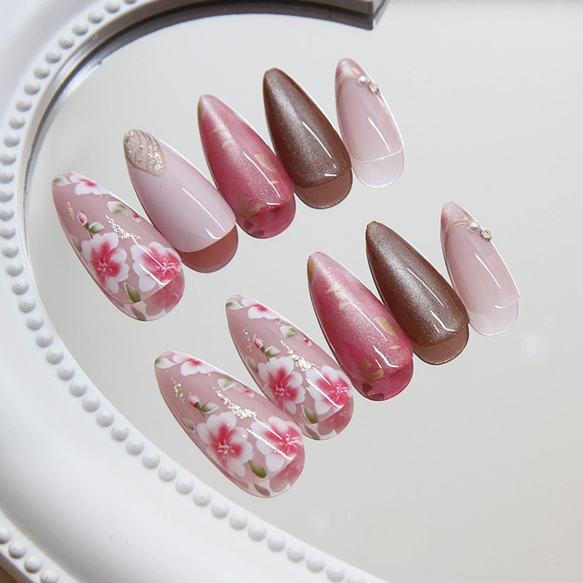 24Pcs Pink Flower Press on Nails Medium Almond Fake Nails 3D Pearl Rhinestones Peach Blossom with Gold Foils Glitter Full Cover Artificial Nail Stick on Nails Spring False Nails for Women Acrylic Nail