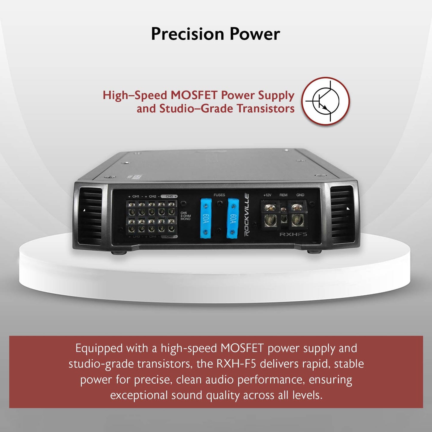 Rockville RXH-F5 3200W 5-Channel Car Amplifier, Dyno-Certified RMS, MOSFET Power Supply, ELNA Capacitors, Class-A/B D, Perfect for Car Audio and Subs