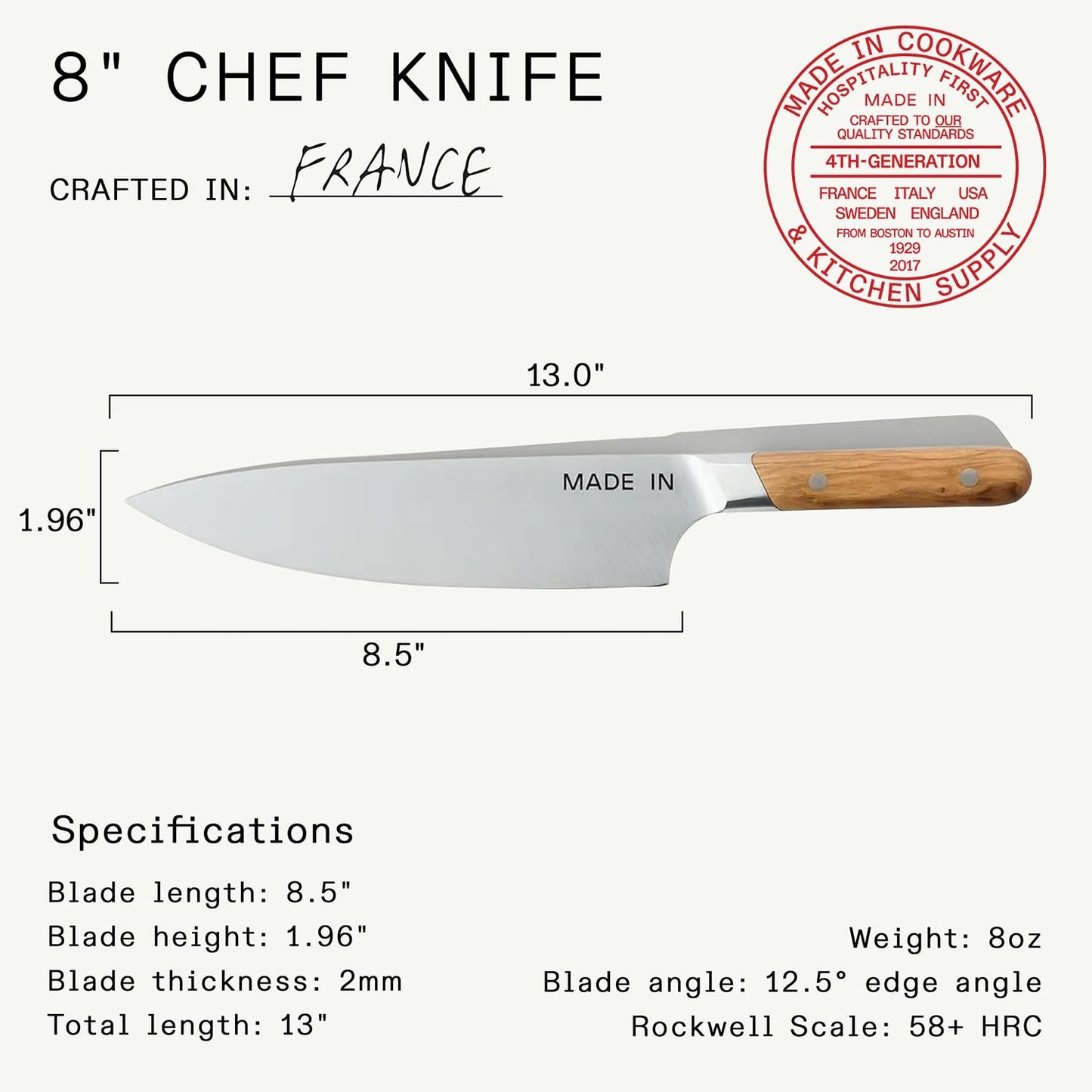 Made In Cookware | 8" Chef Knife | Crafted in France | Full Tang With Olive Wood Handle