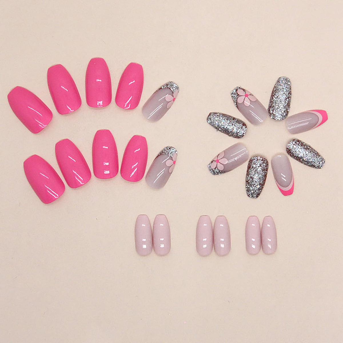 Pink Press on Nails Medium Coffin SWEKKE French Tip Fake Nails Full Cover Flower False Nails with Designs Sliver Glitter Glossy Glue on Nails Manicure Artificial Acrylic Nails for Women Girls 24Pcs