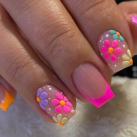 24Pcs Short Square Press on Nails French Tip Fake Nails Flower Daisy False Nails with Designs Colorful Floral Glue on Nails Full Cover Acrylic Nails Glossy Stick on Nails for Women Nails Decoration
