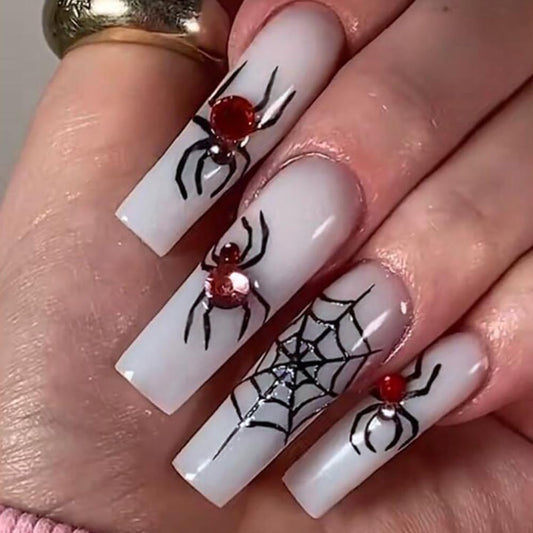 Halloween Press on Nails Long Square Fake Nails White False Nails with Design Spider Web Red Diamond Stick on Nails Coffin Acrylic Press ons for Women Girls Manicure 24 Pcs