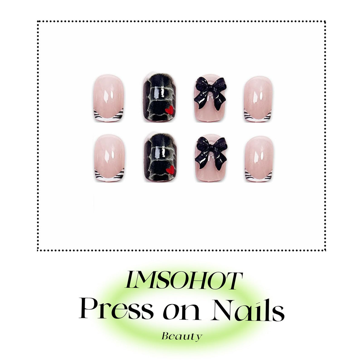 IMSOHOT Short Square Press on Nails with 3D Bow Charm Designs Black White French Tips Fake Nails Acrylic Full Cover Glossy False Nails Glue Stick on Nails for Women Girls 24Pcs