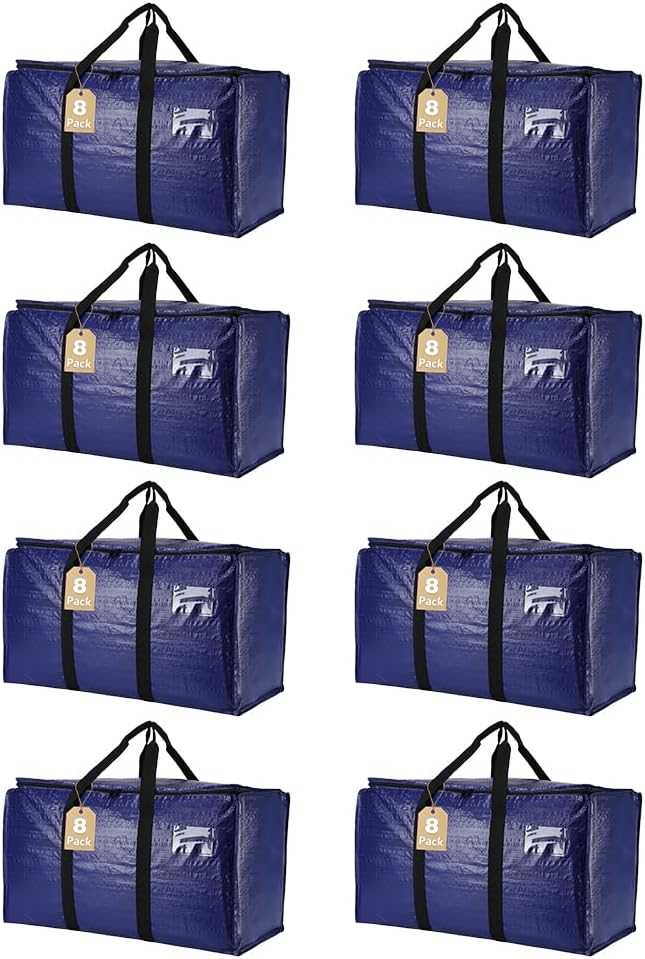 Cryster 8-Pack Heavy-Duty Clear Moving Bags Ã¢ÂÂ Extra Large Storage Bags with Strong Handles & Double Zippers, Totes for Storage and Packing