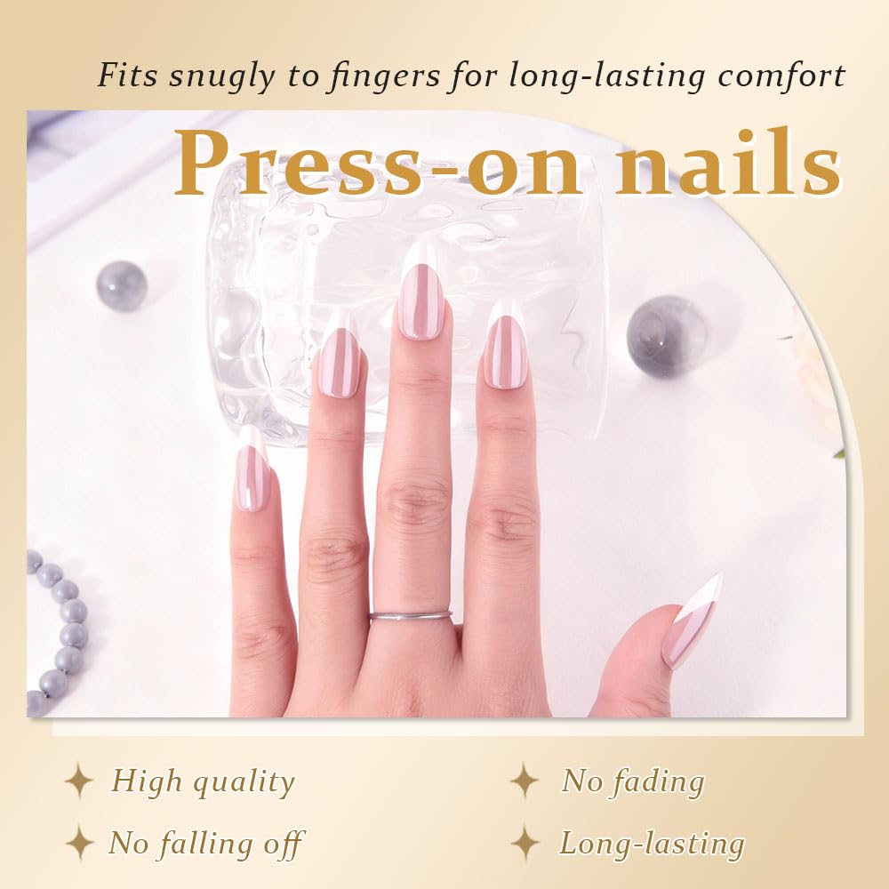 evpct French Tip Press On Nails Almond Medium, Mauve + White Tips, Chrome Glazed Glossy Medium Almond Fake False Press on Nails, Reusable Gel Stick on nail Press ons with Nail Kits, Salon Quality