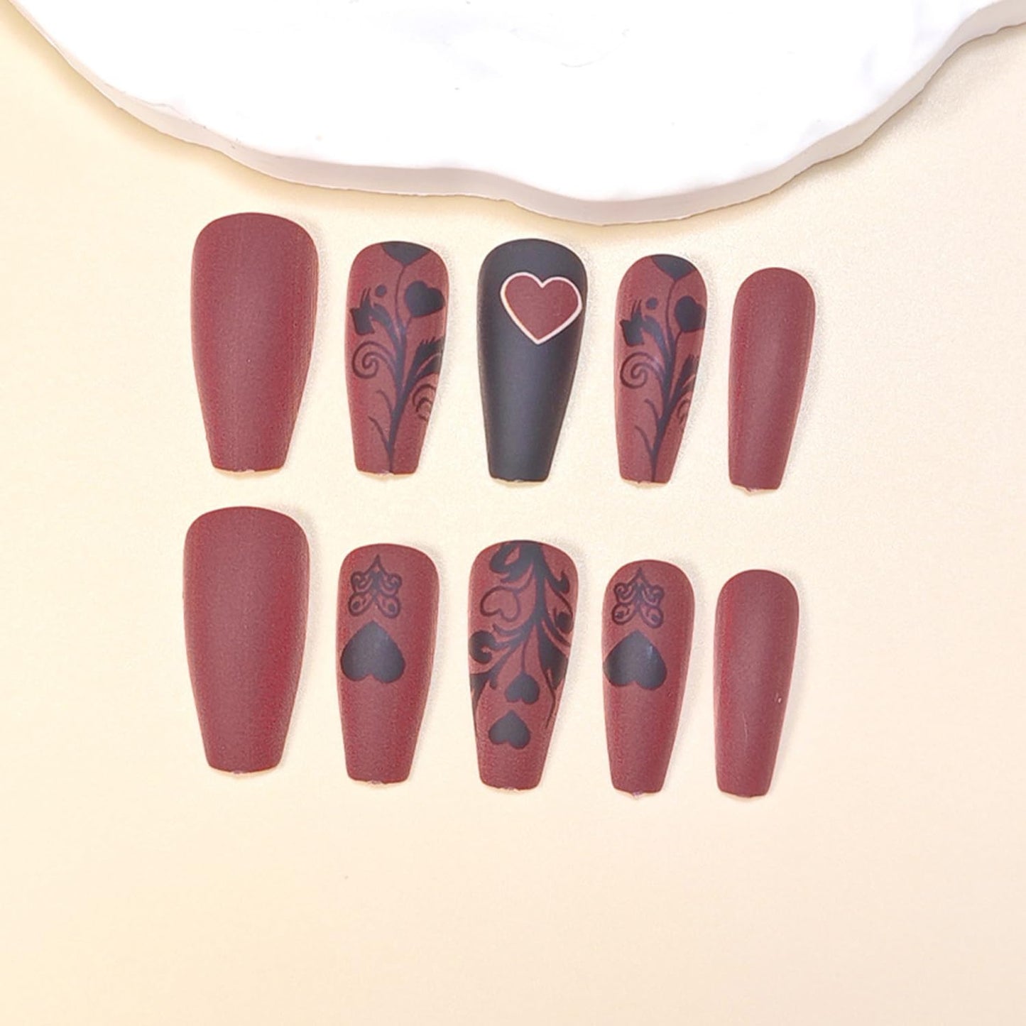 Flower Valentines Press on Nails Medium Ballet Artificial Acrylic Fake Nails Black Floral Red Love Design Heart Stick on Nail Full Cover Glossy Artificial Fingernails for Women Festival Manicure